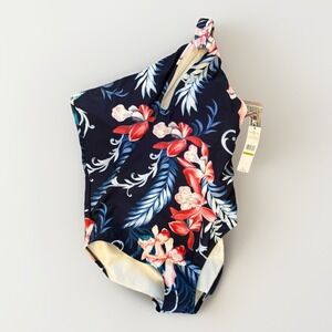 Carmen Marc Valvo One-Shoulder Cutout One-Piece Tropical‎ Print Swimsuit Size 14